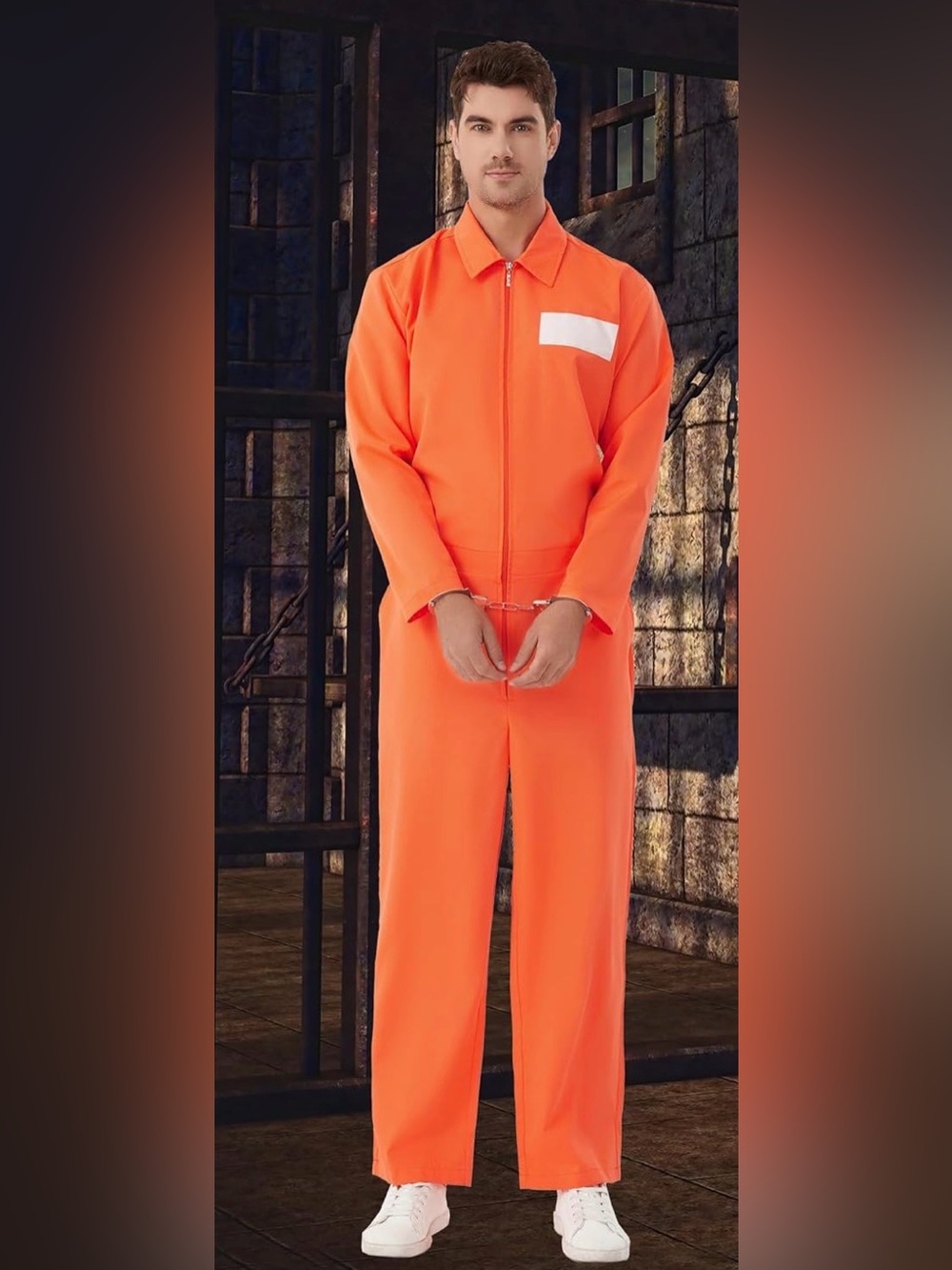 Bright Orange Prisoner Jumpsuit Men’s Small Halloween Costume Zip-Front